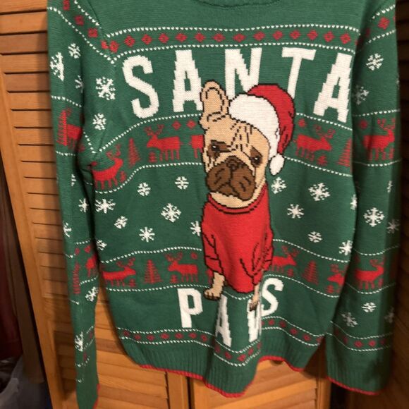 Ugly Christmas Sweater SANTA PAWS X Large 14-16 JuniorGreen PUG Unisex - Picture 2 of 7